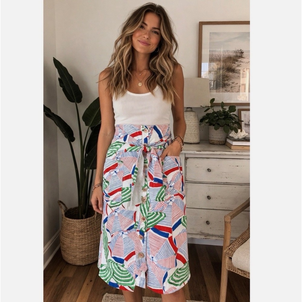Anthropologie Conversations Beach Umbrella Print Skirt Petite 4 Linen‎ Resort